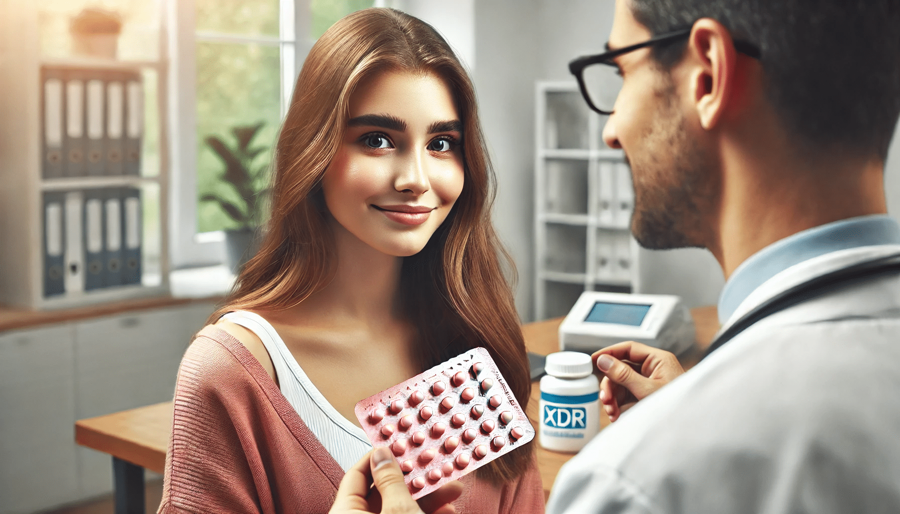 A young woman smiling and holding a blister pack of medication while discussing egg donation with a physician at a fertility clinic.