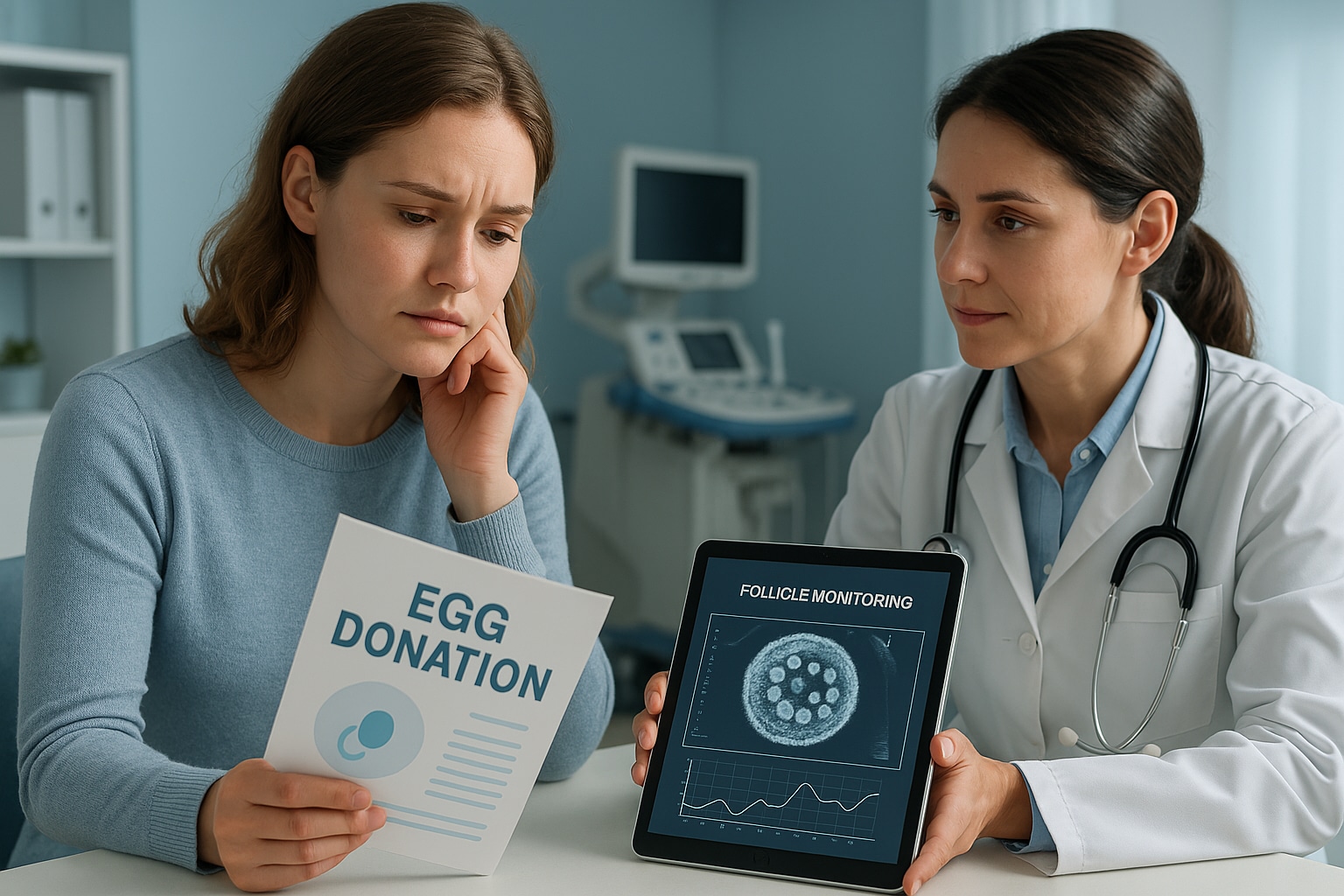 Compassionate fertility consultation between patient and doctor with a tablet in a modern, warm clinical setting.