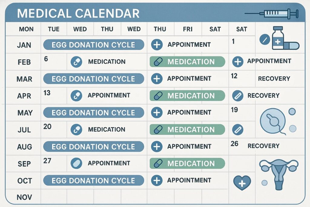A medical calendar mapping out an egg donation cycle, including monitoring appointments, medication schedules, and recovery time.